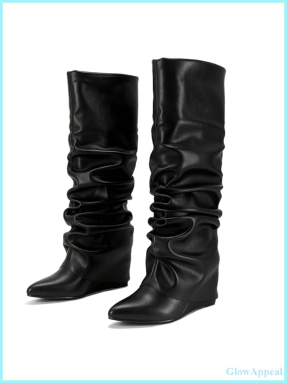 Fold Over Slouched Knee High Boots Pointed Toe Wedge Heel Faux Leather